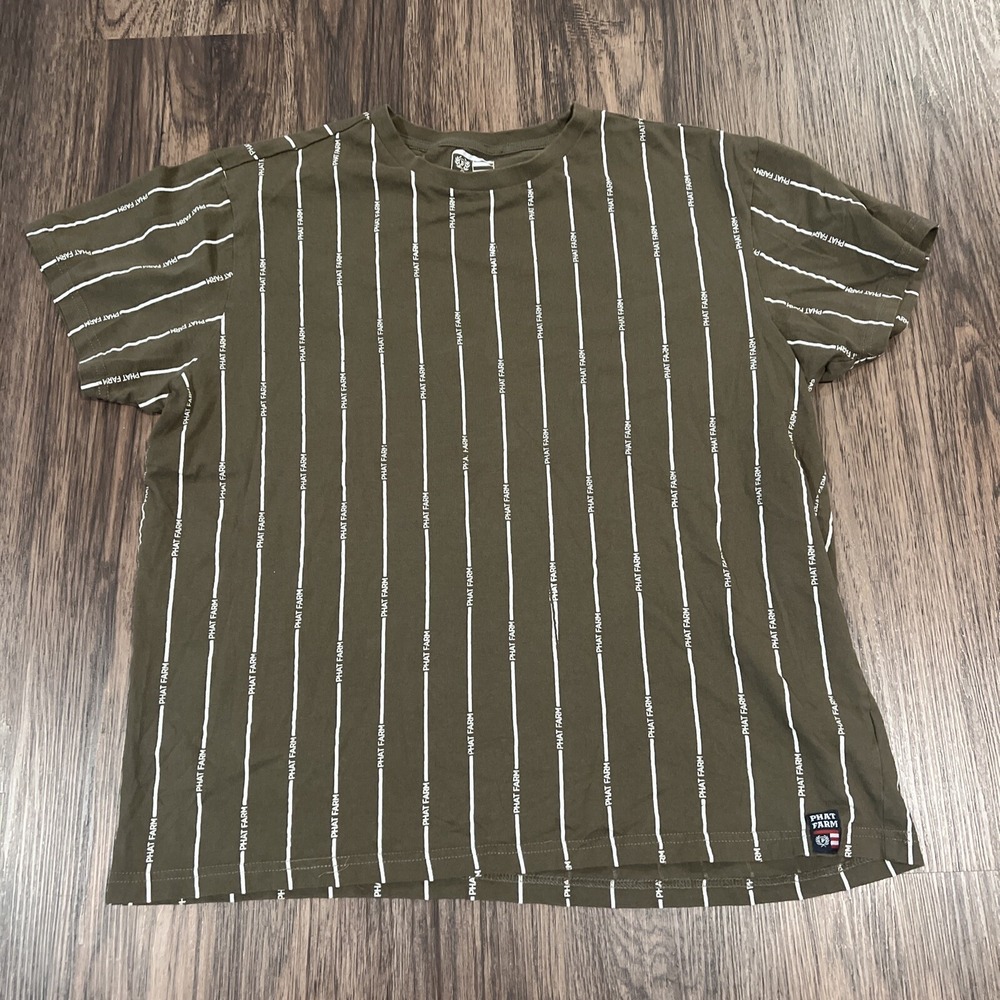 Phat Farm Mens Shirt Olive Green Striped Logo Spellout Size L